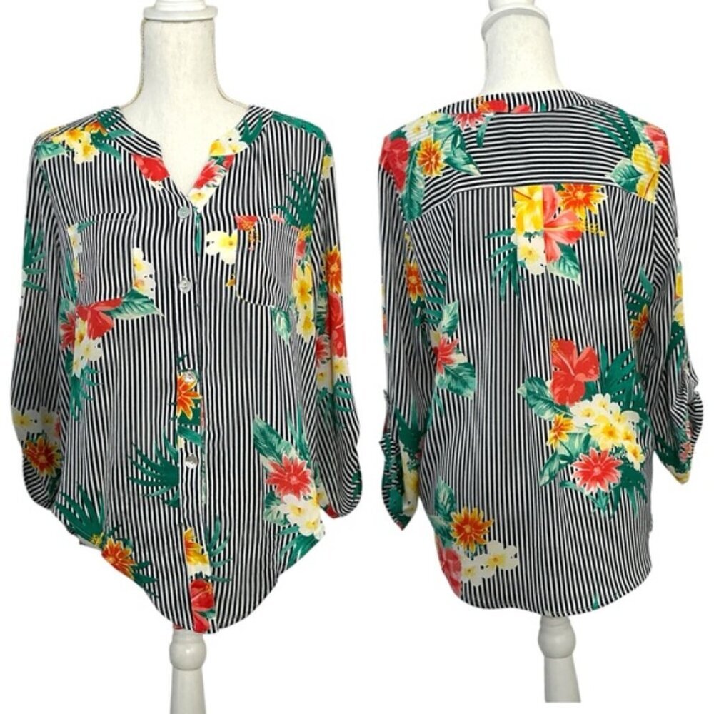Ruby Rd Tie Up Top High Low 3/4 Sleeve Tropical Black White Stripe Petite Large - Picture 3 of 16